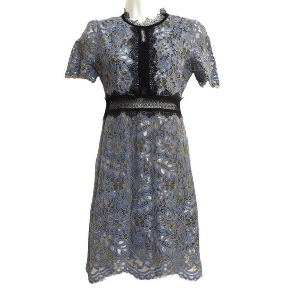 FEW MODA Floral Lace High Neck Short Dress M Demure Sweet Blue Silver Black - Picture 1 of 7